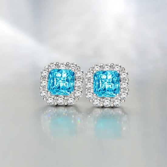 Blue square ice flower cut high carbon diamond earrings