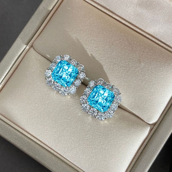 Blue square ice flower cut high carbon diamond earrings